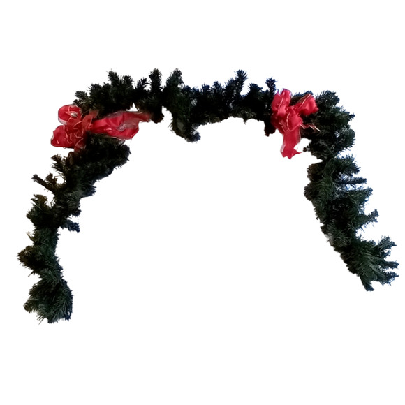 Vintage Christmas Garland Swag 9' Faux Pine Fir Red Gold Bows Holiday Decor - Picture 2 of 8